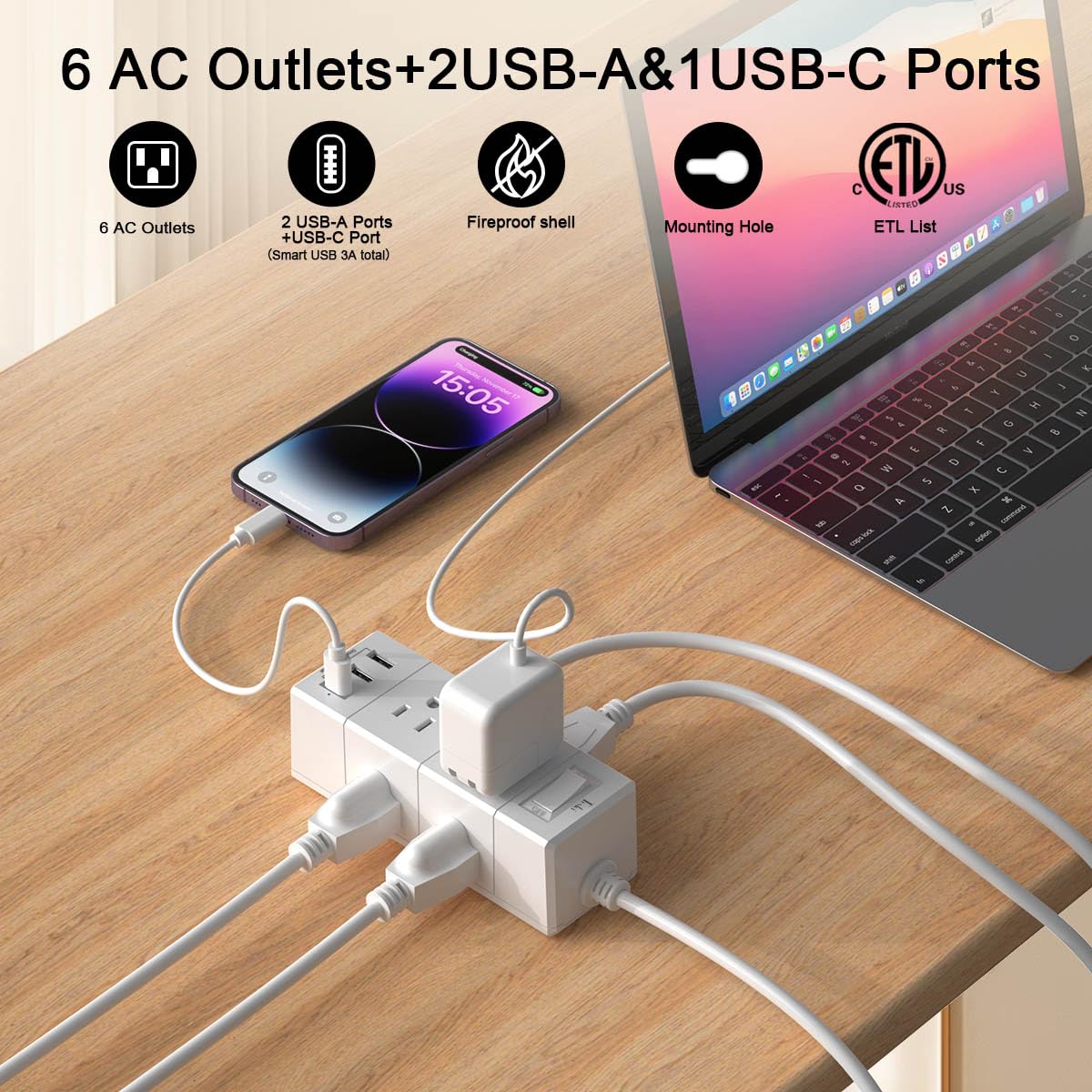 Tcstei 9-in-1 power strip with USB ports enables simultaneous charging and device sharing.