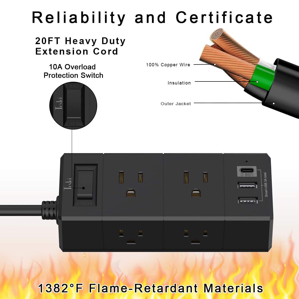 Tcstei sleek black power strip placed on a workspace surface