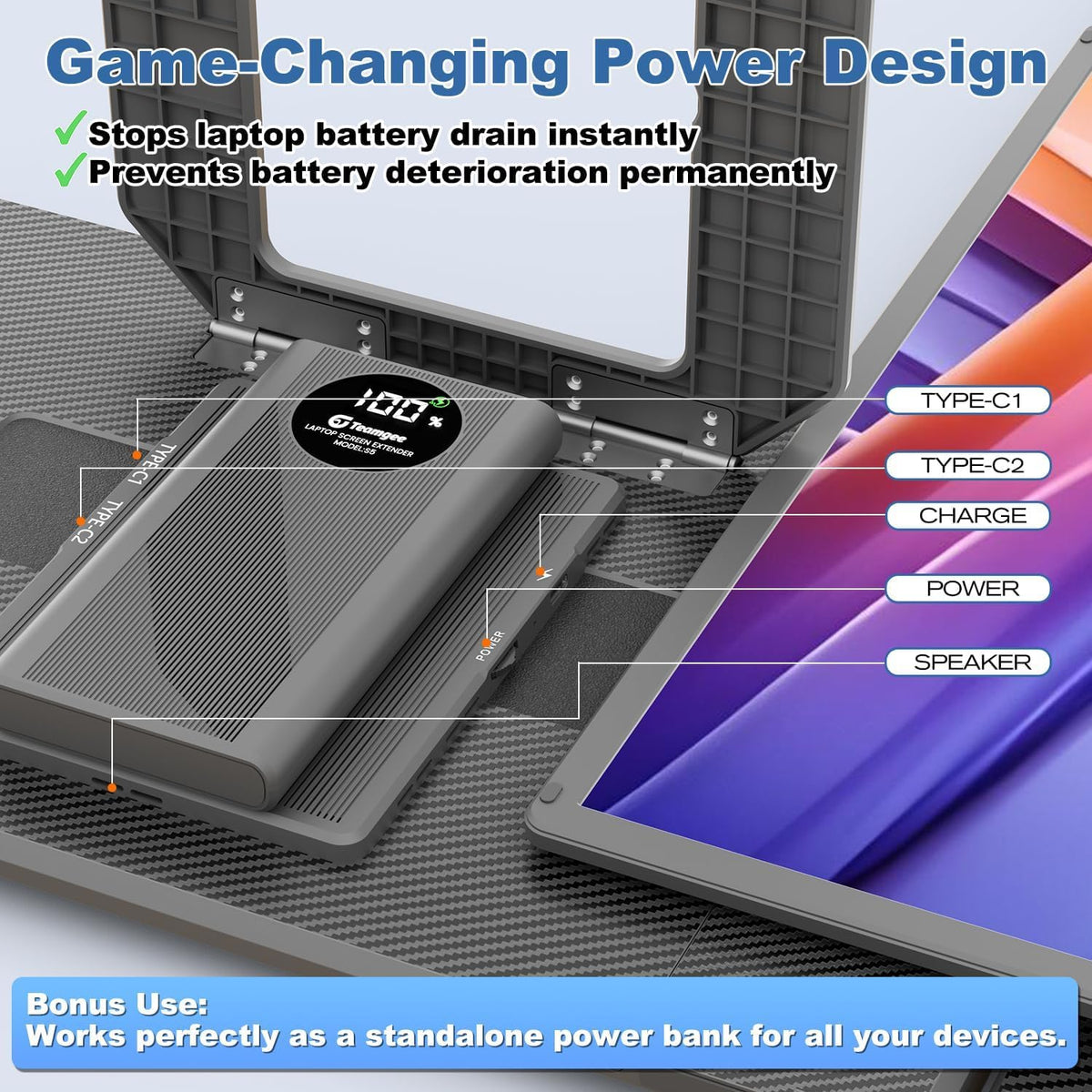 Teamgee detachable 10000mAh power bank snaps on magnetically for portable use.