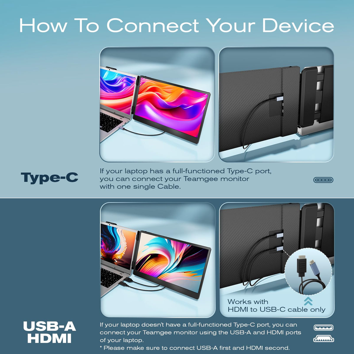 Teamgee S1 USB-C/HDMI plug-and-play connection for laptops.
