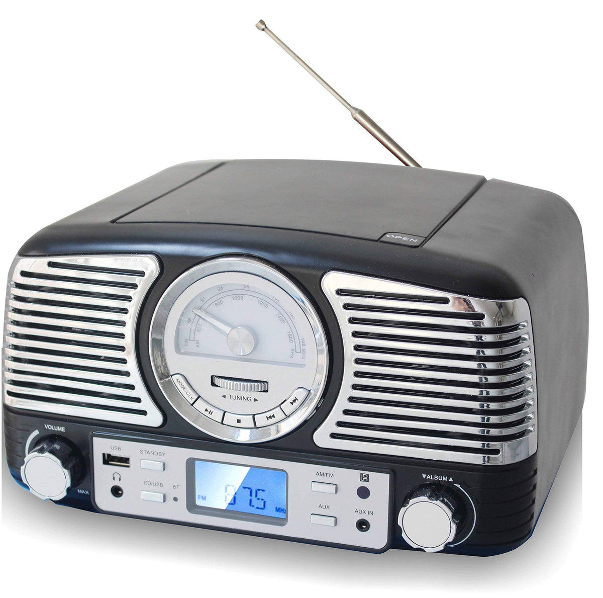 TechPlay QT62BT black front view, compact retro stereo ideal for home listening
