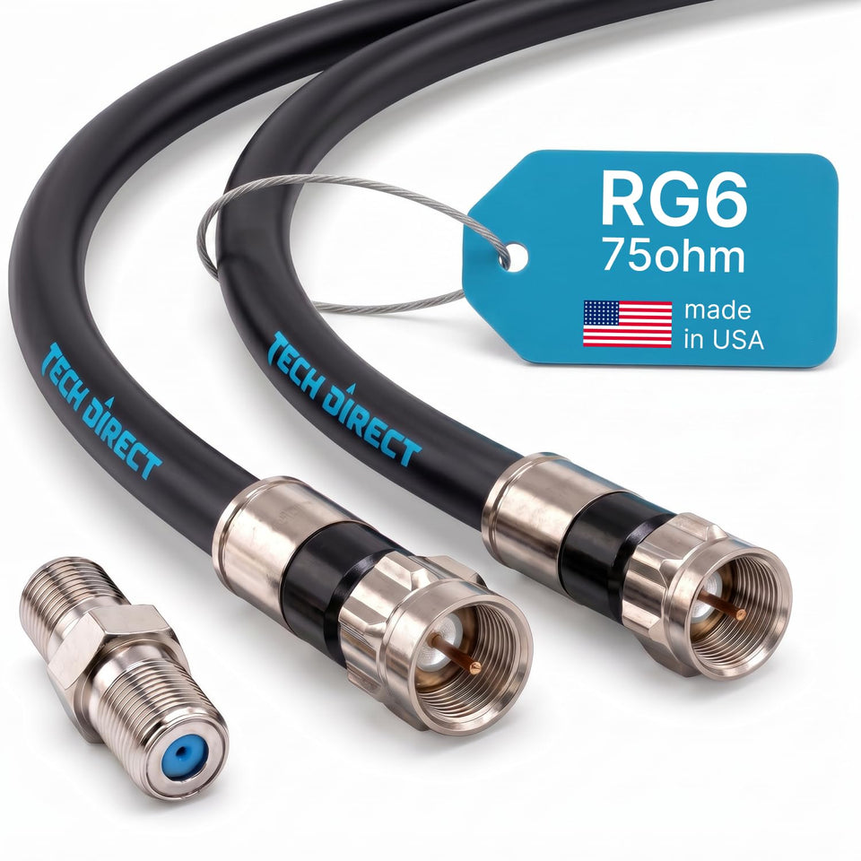 TechDirect 20ft RG6 coaxial cable in black delivers reliable high-speed connectivity.