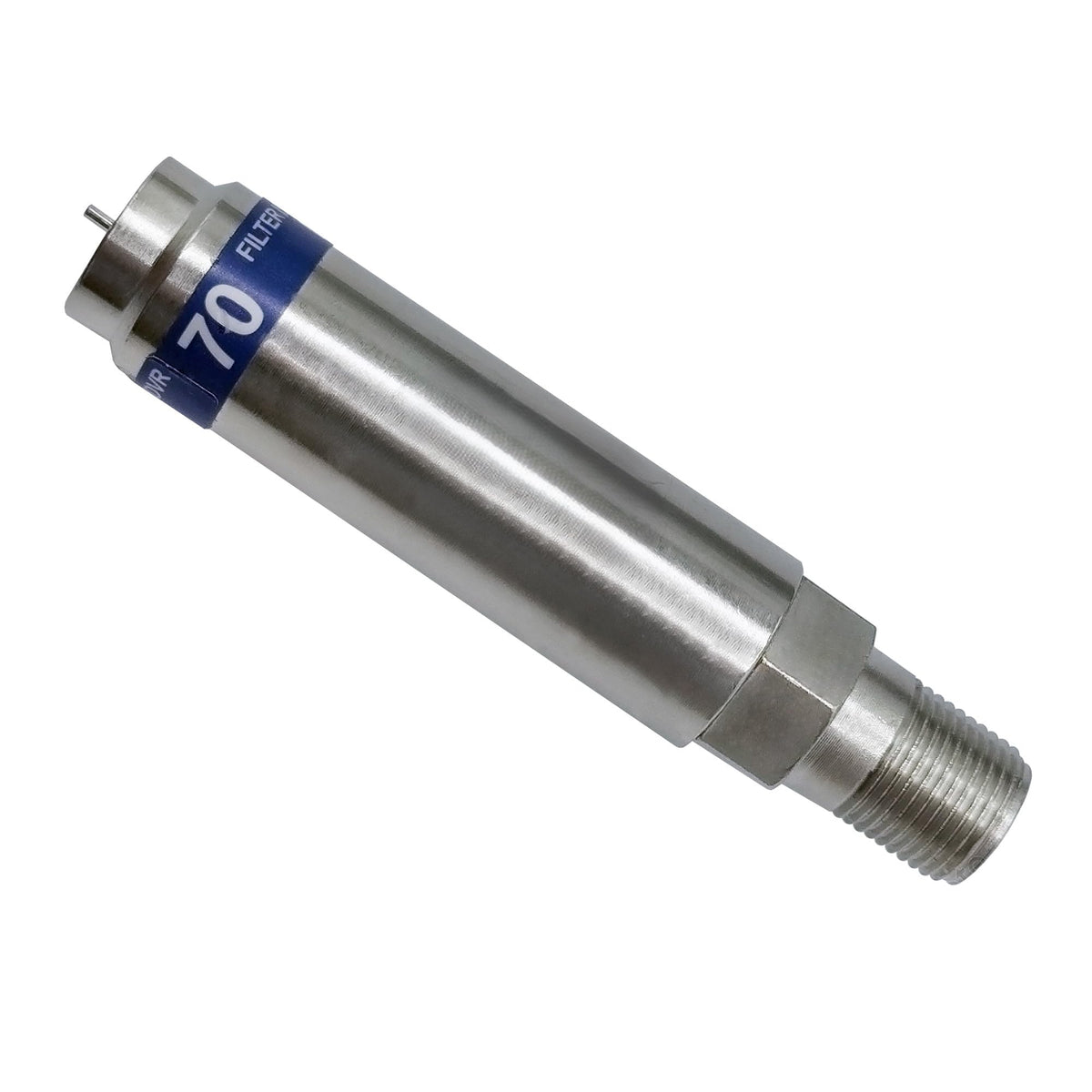 TechDirect filter beside a coin for scale showing compact size and easy outdoor or indoor placement benefit
