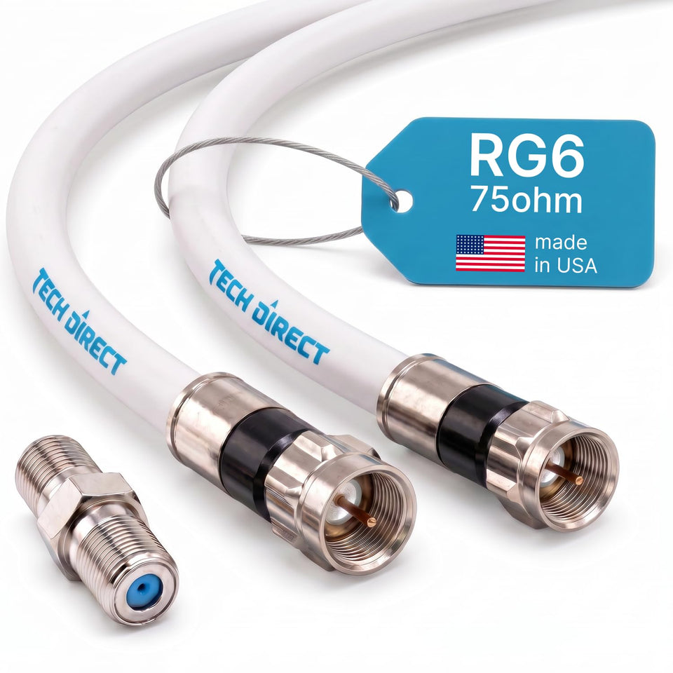 TechDirect RG6 cable white 12ft enables reliable high-speed internet and TV connections.