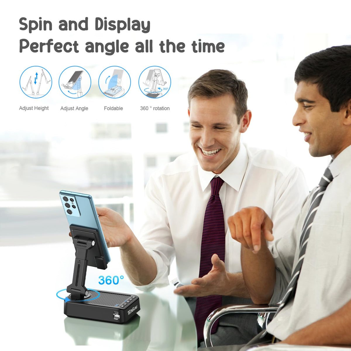 TechGlow rotating stand demonstrating 360-degree rotation for ideal viewing angles