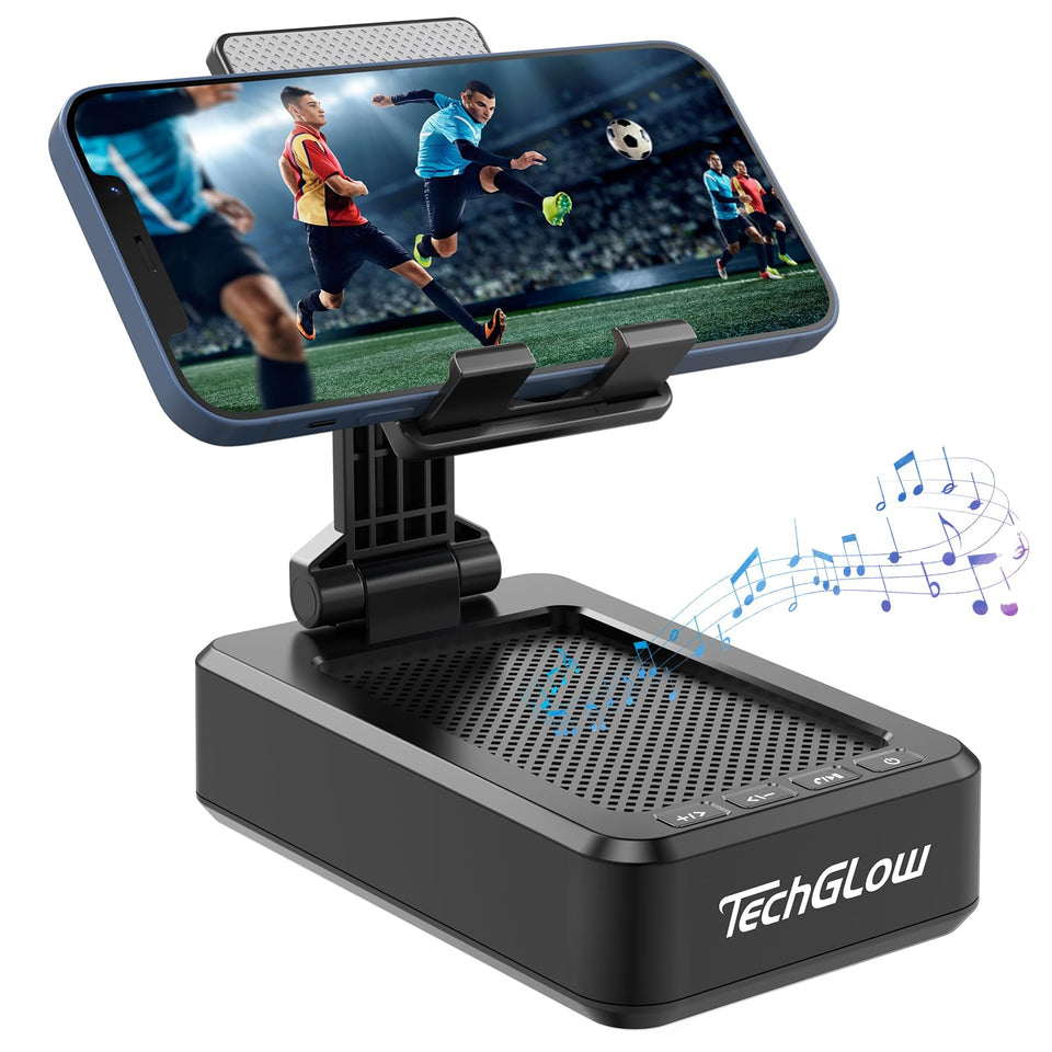 TechGlow foldable phone stand with Bluetooth speaker on desk for hands-free listening.
