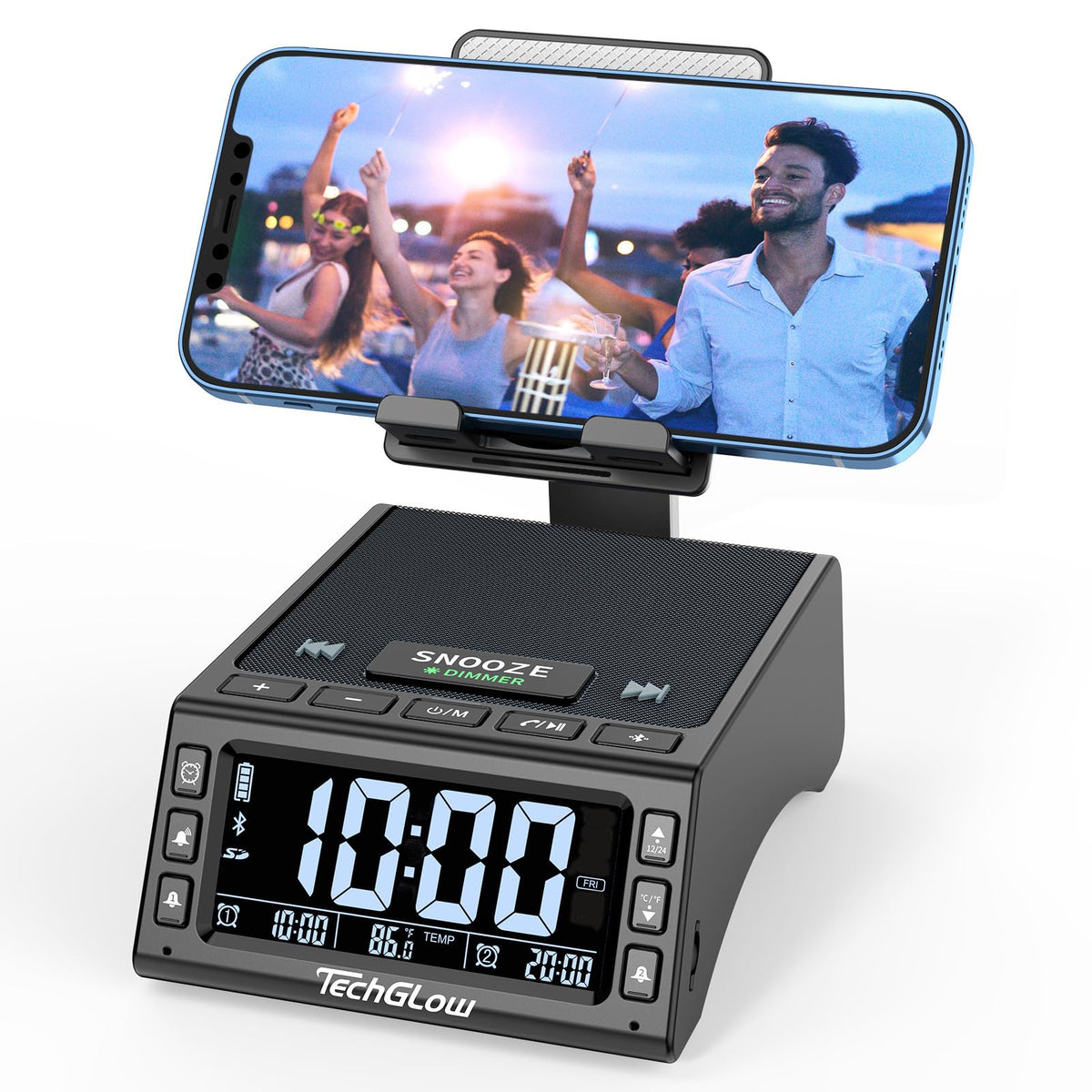 TechGlow foldable stand with speaker for hands-free viewing and clear audio.