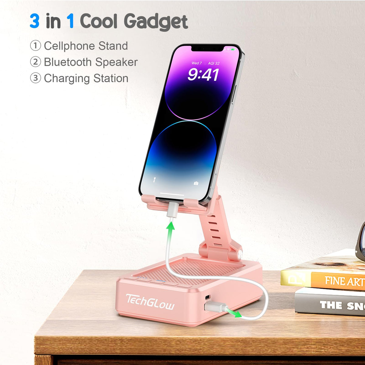 TechGlow folded compact form in pink, portable for travel convenience