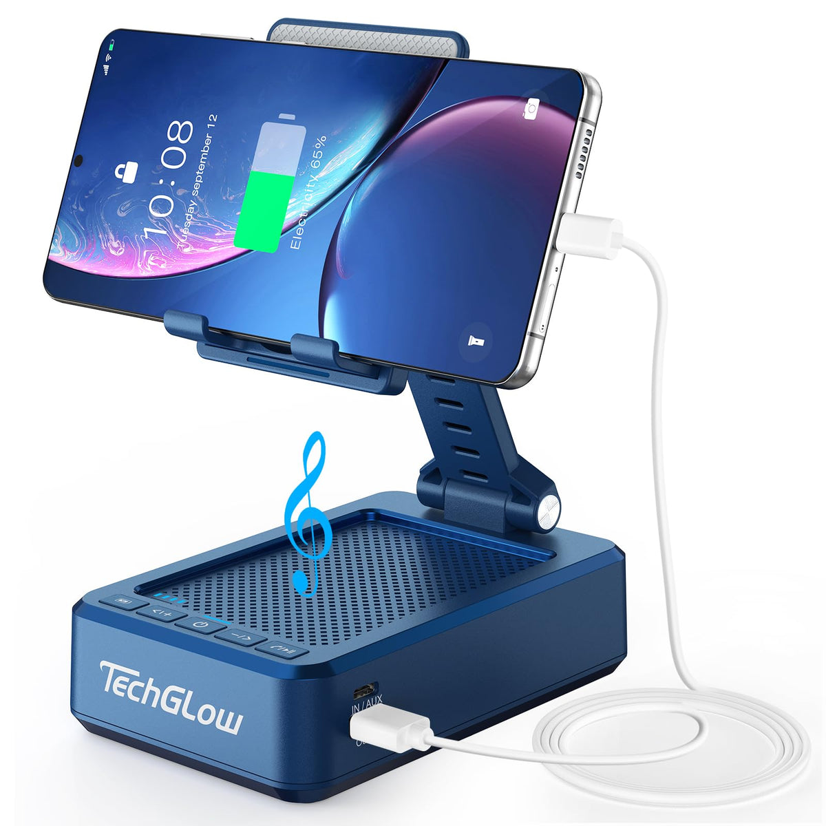 TechGlow front packaging showing blue speaker stand and features