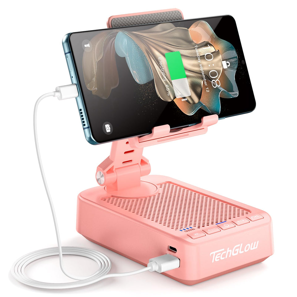 TechGlow front view showing pink stand and speaker, easy gifting