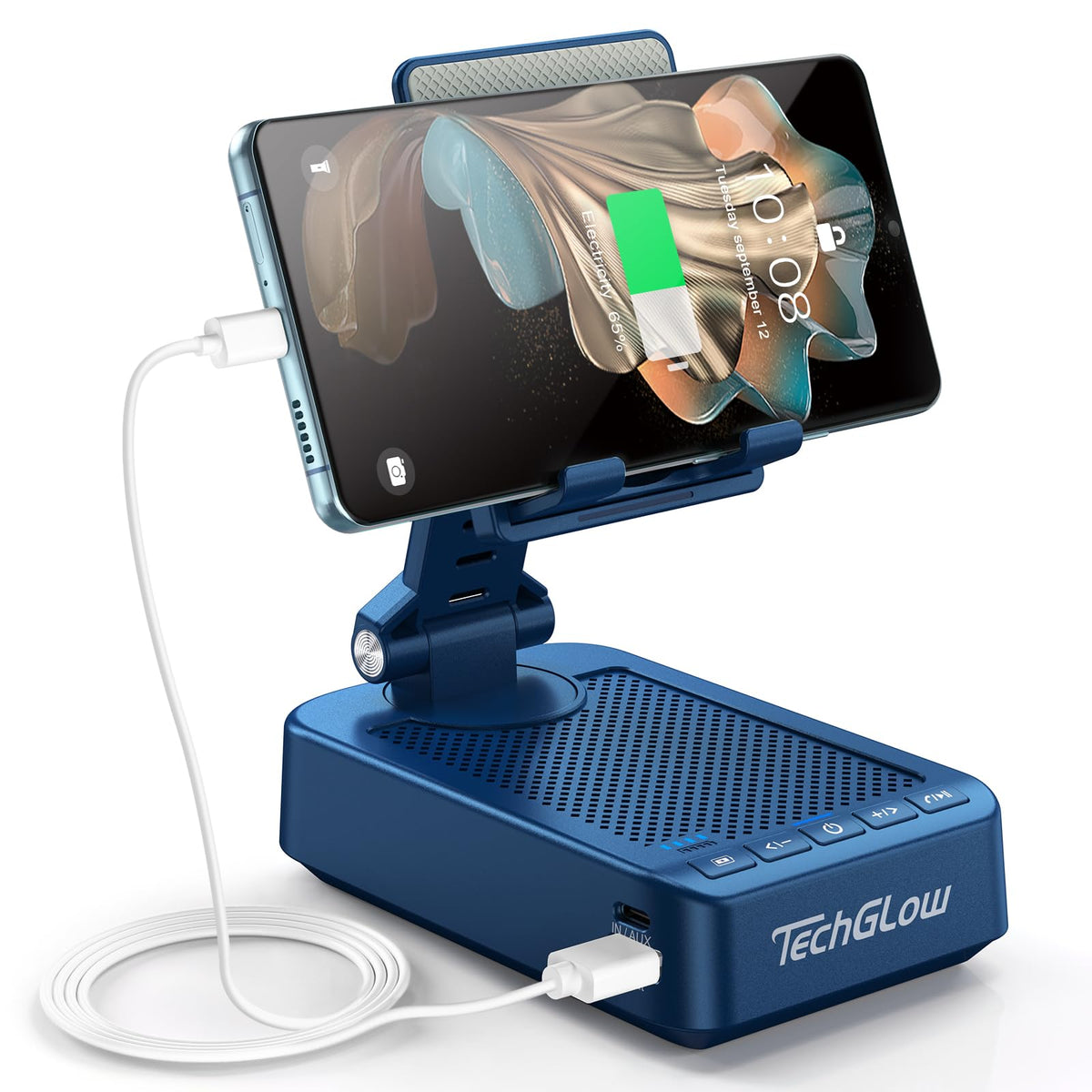 TechGlow front view showing speaker, stand, and controls for versatile use