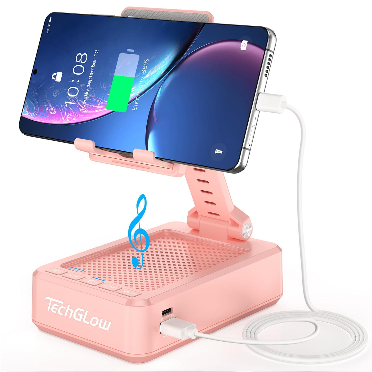 TechGlow front view showing pink speaker and stand, convenient hands-free use