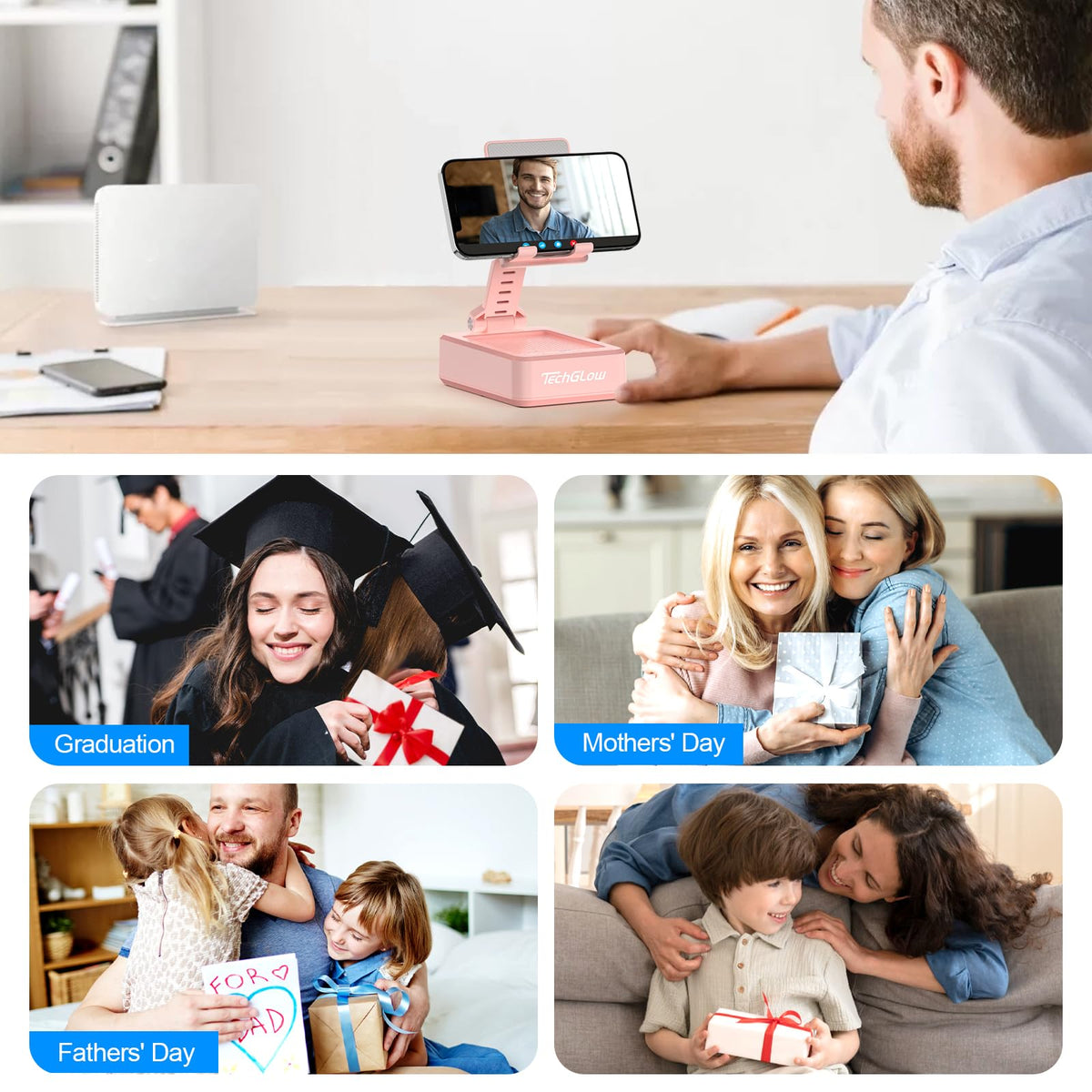 TechGlow in kitchen with phone, ideal for hands-free recipes and calls