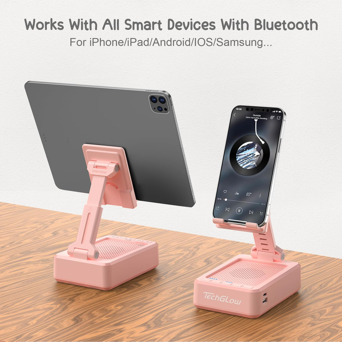 TechGlow speaker grille texture in pink, delivers balanced sound quality