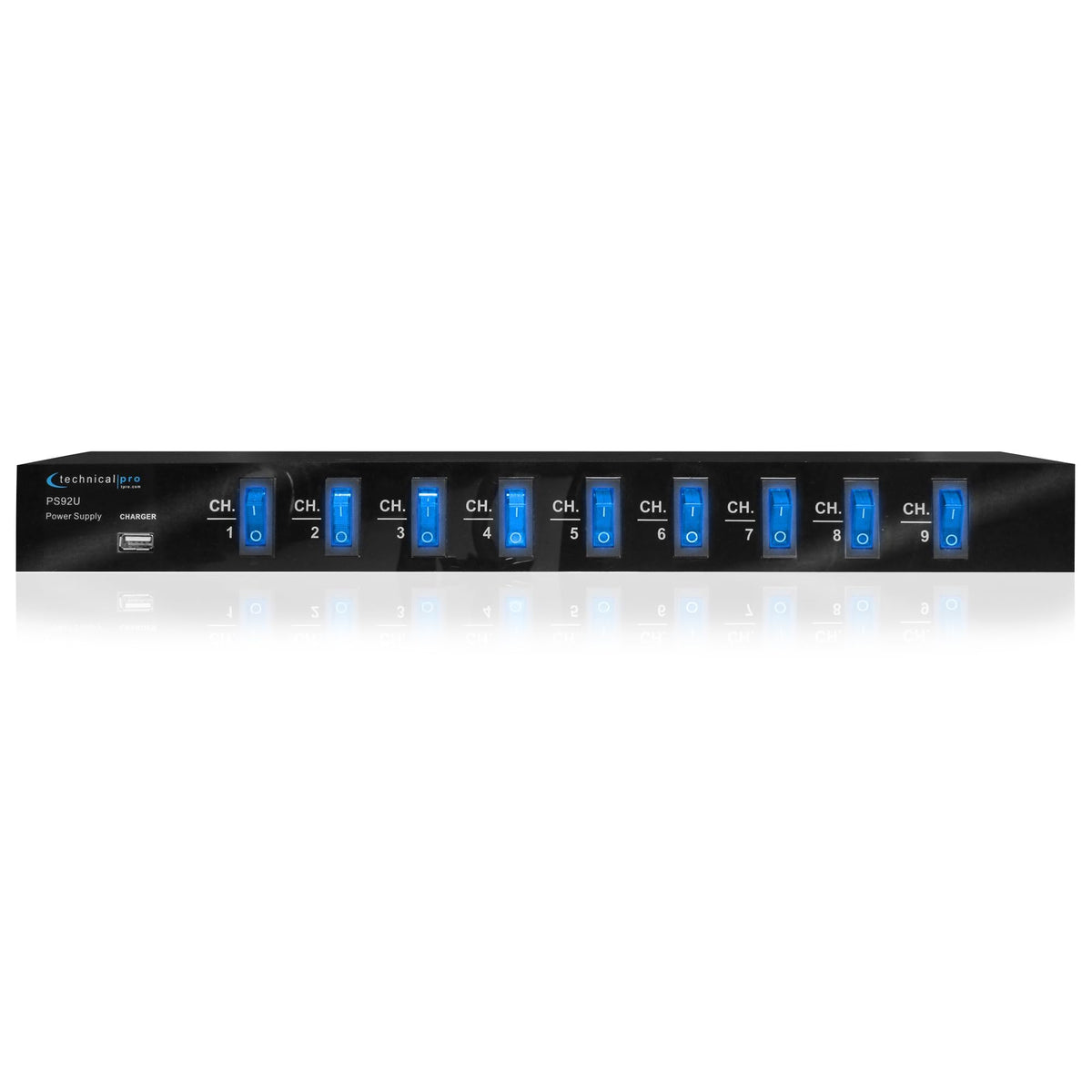 Technical Pro front panel with nine illuminated switches showing easy outlet control