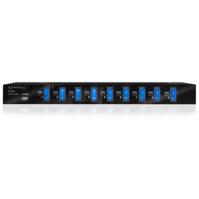 Technical Pro front panel with nine illuminated switches showing easy outlet control