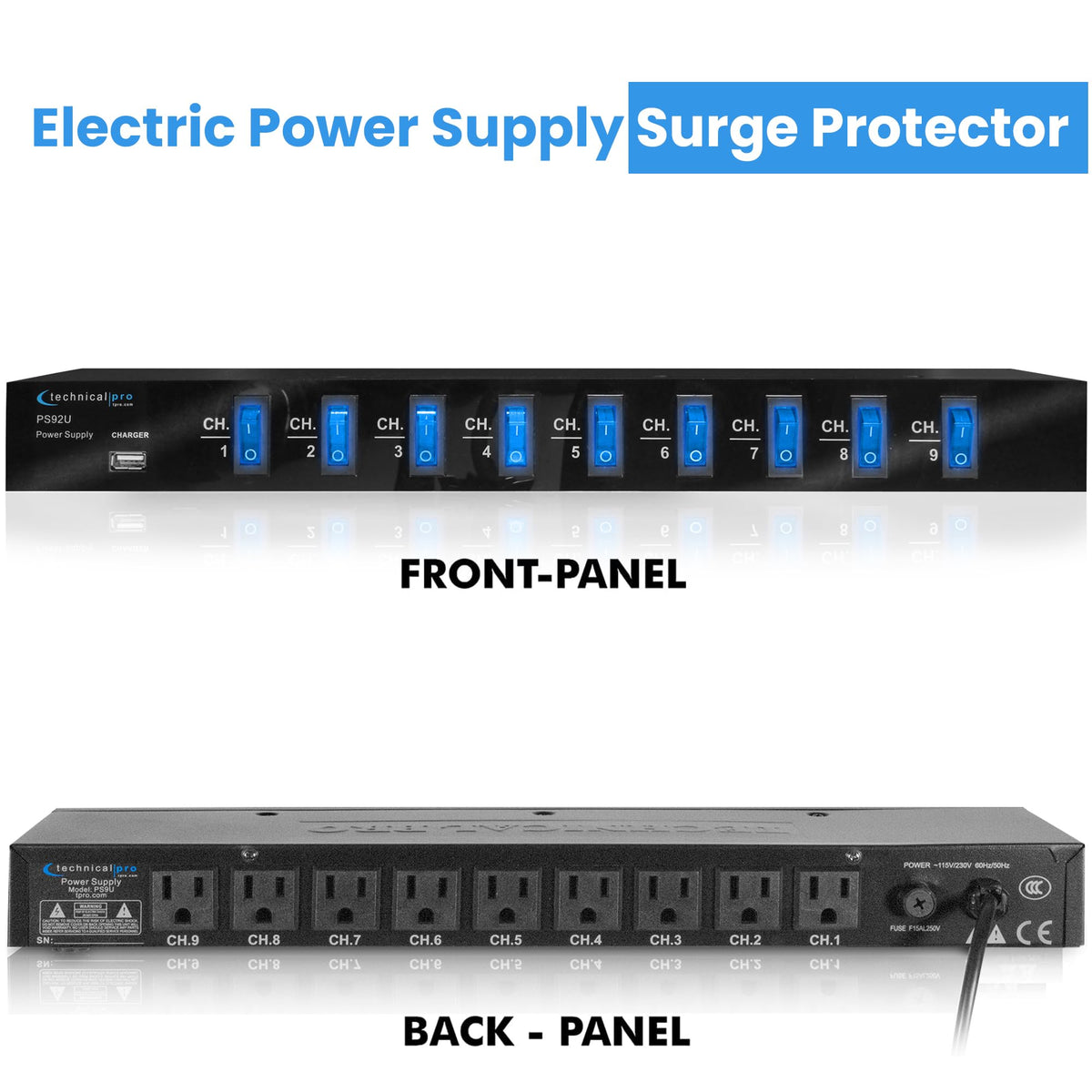 Technical Pro in-use on a desk powering monitor, router, and speakers for tidy setup