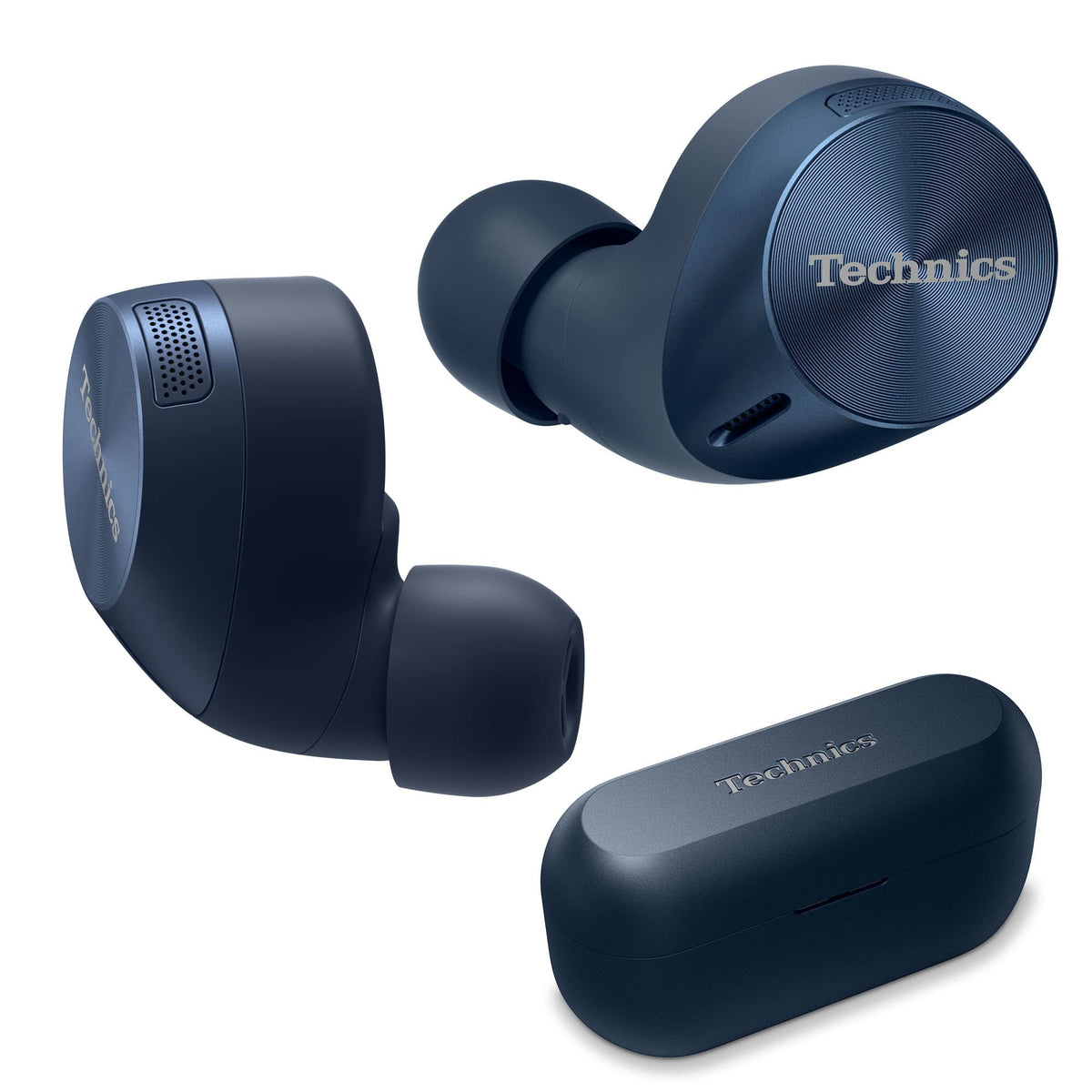 Technics AZ60M2 blue earbuds in case showing wireless charging convenience