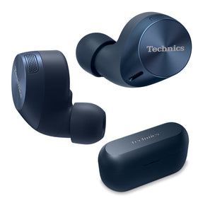 Technics AZ60M2 blue earbuds in case showing wireless charging convenience