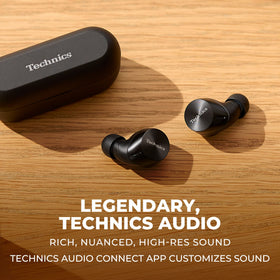 Technics AZ60M2 earbuds with wireless charging case for tidy home office.
