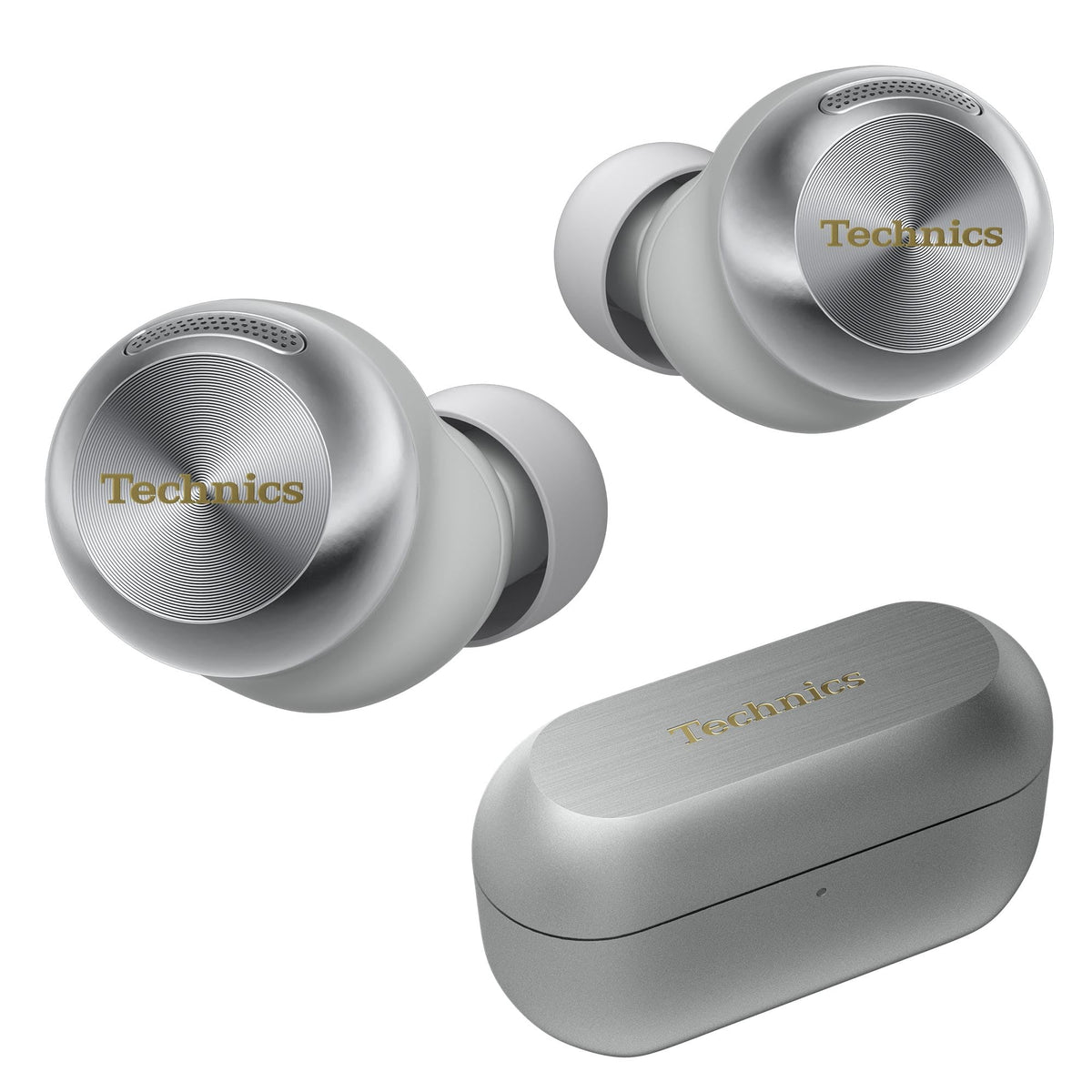 Technics AZ100-S silver charging case and earbuds for portable on-the-go listening