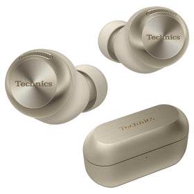 Technics AZ100 champagne earbuds viewed from the side, premium finish for long-lasting comfort.