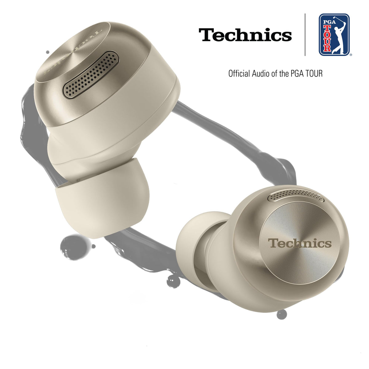 Technics AZ100 champagne earbuds worn in ear, showing secure all-day fit.