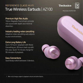 Technics EAH-AZ100-V case open showing easy charging on the go.
