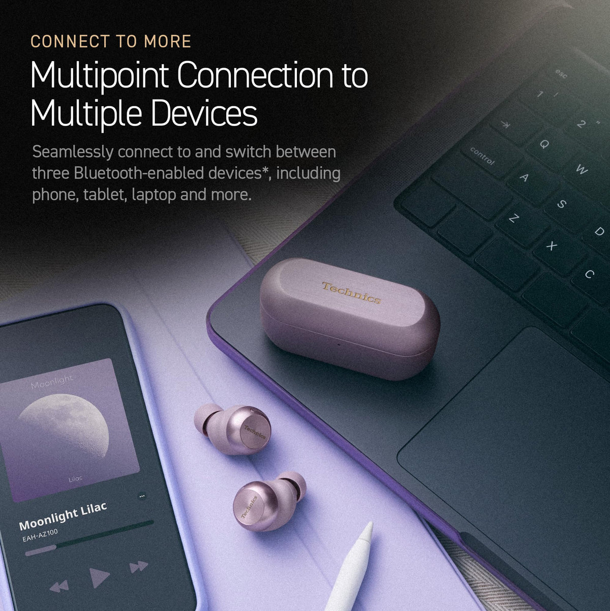 Technics EAH-AZ100-V touch controls close-up for quick music and calls.