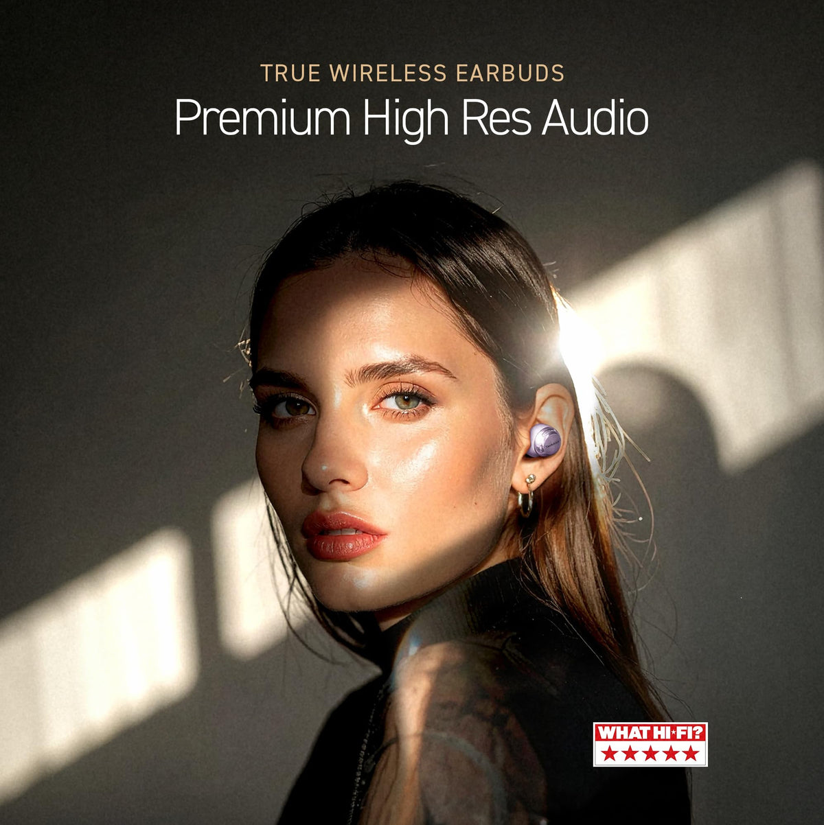 Technics EAH-AZ100-V moonlight lilac earbuds side view highlighting compact fit.
