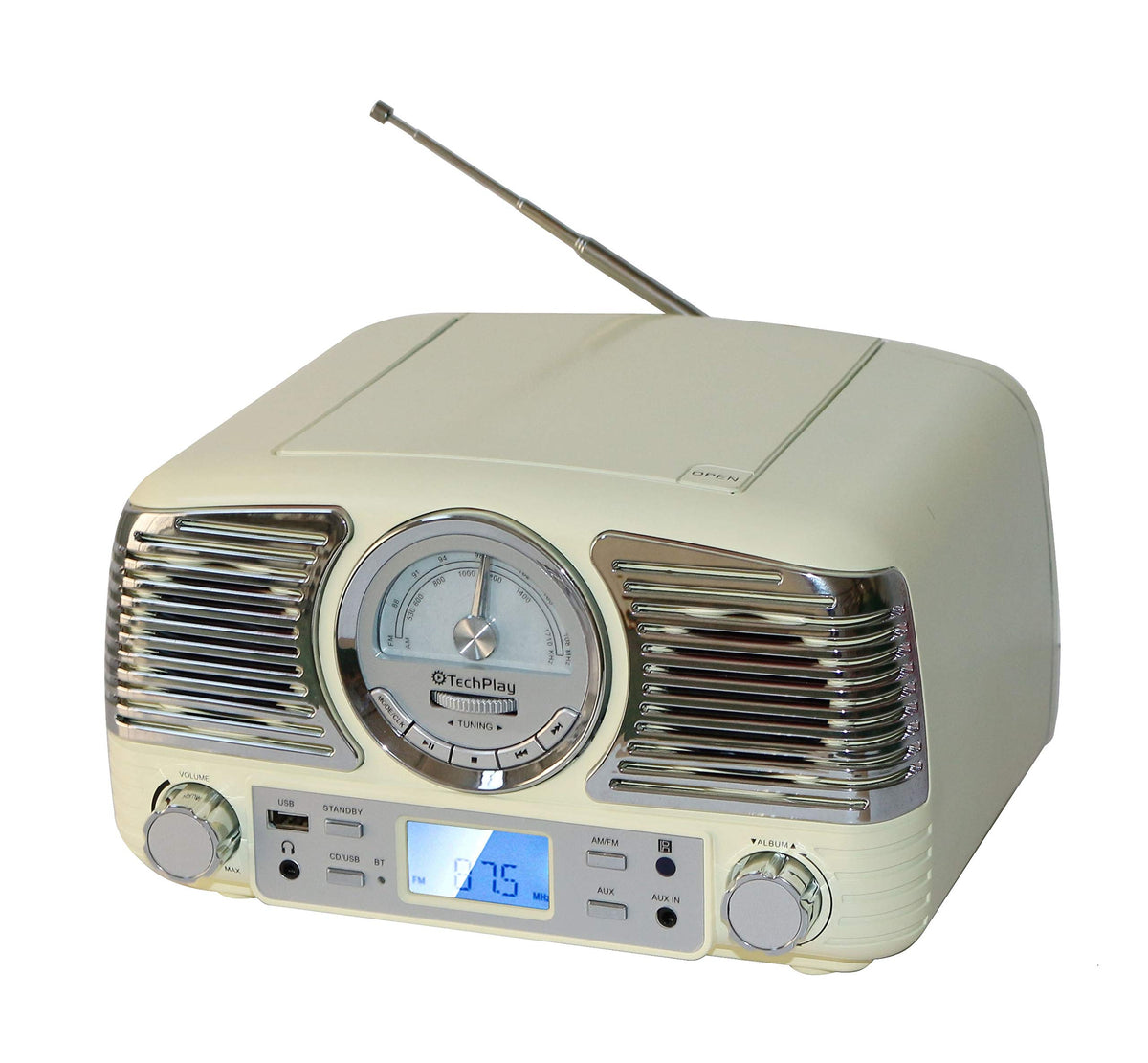 TechPlay QT62BT retro-stereo front view emphasizing compact desktop design for small rooms.