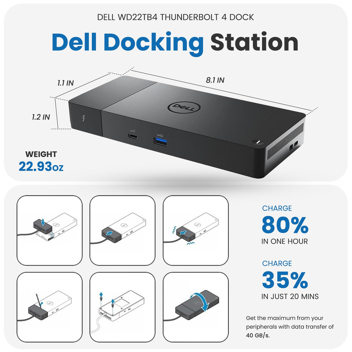 TechTray Dell WD22TB4 dock on desk with 180W adapter powering setup