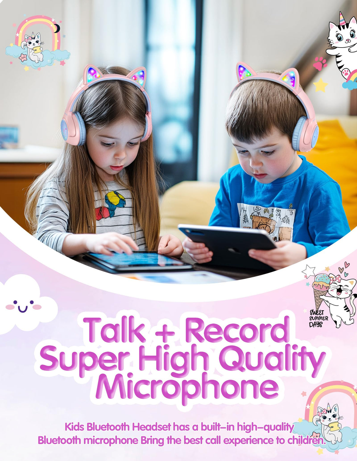 TECKNET Cat Ear Headphones with built-in mic for clear calls and online learning