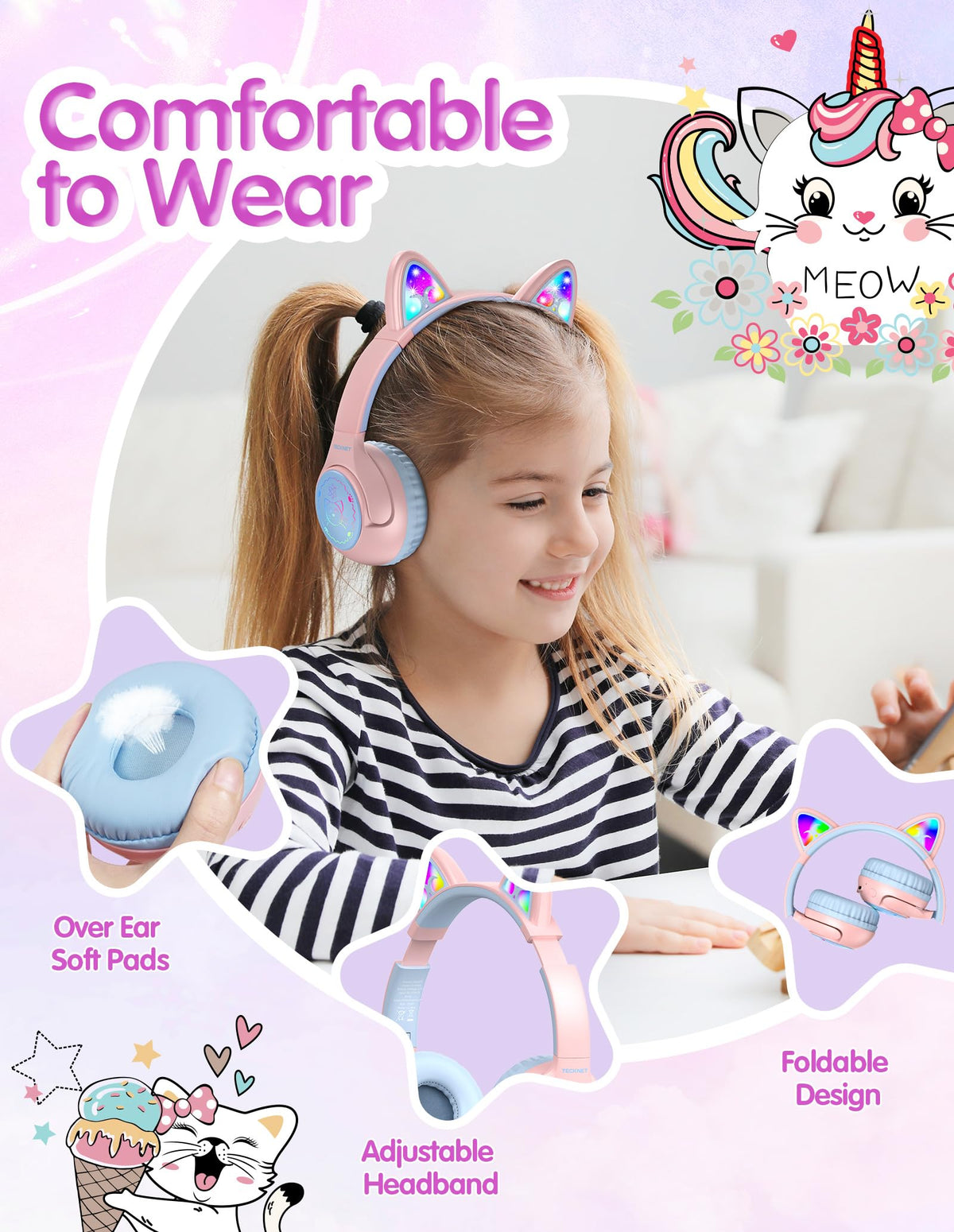 TECKNET Cat Ear Headphones highlighting volume limiter for safe listening