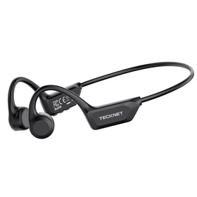 TECKNET front view of black bone conduction headphones showing fit and benefits