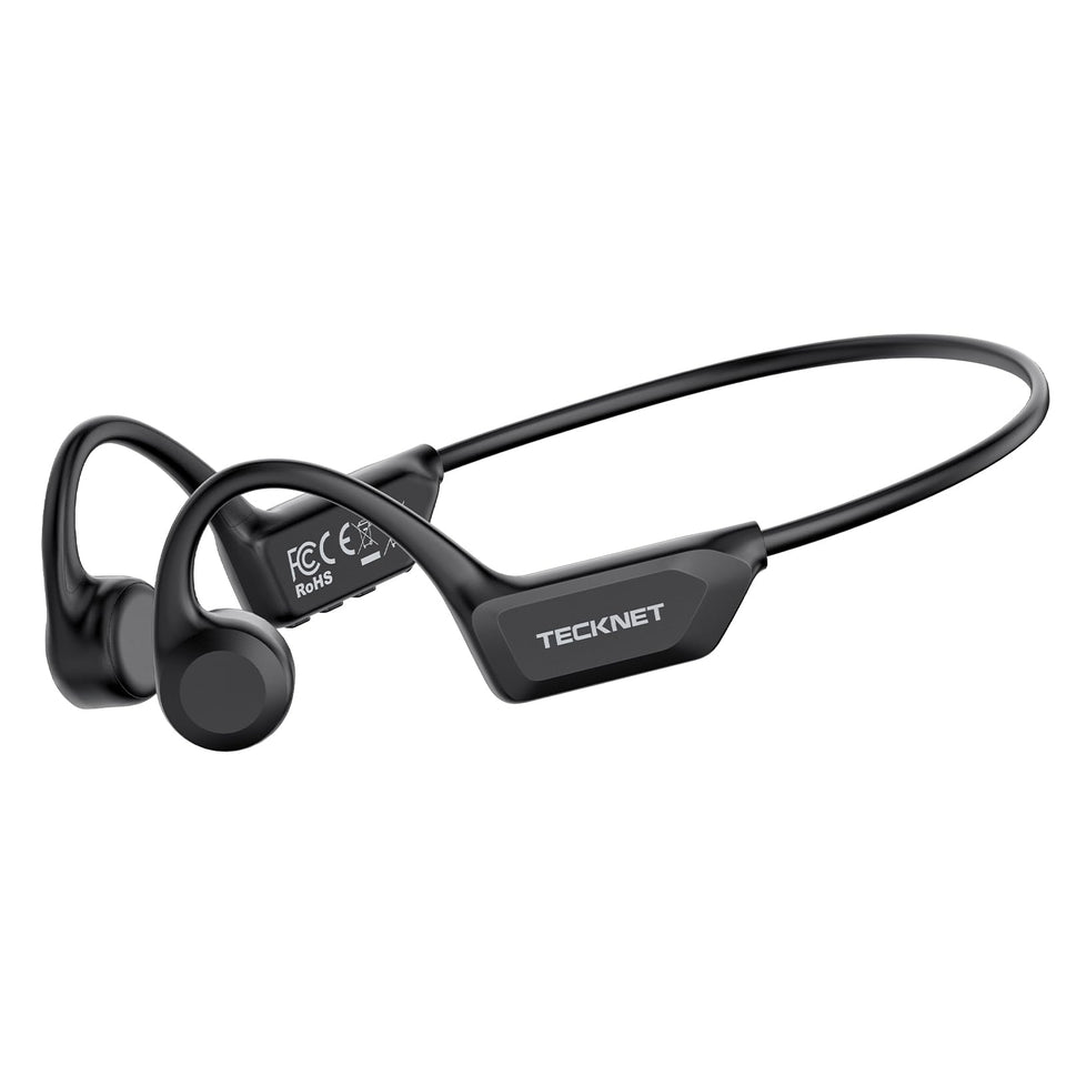 TECKNET front view of black bone conduction headphones showing fit and benefits