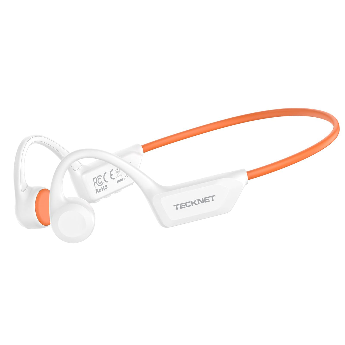 TECKNET front view of white bone conduction headphones showing sleek profile and benefit of open-ear comfort