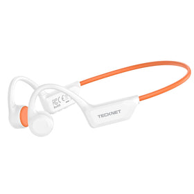 TECKNET front view of white bone conduction headphones showing sleek profile and benefit of open-ear comfort