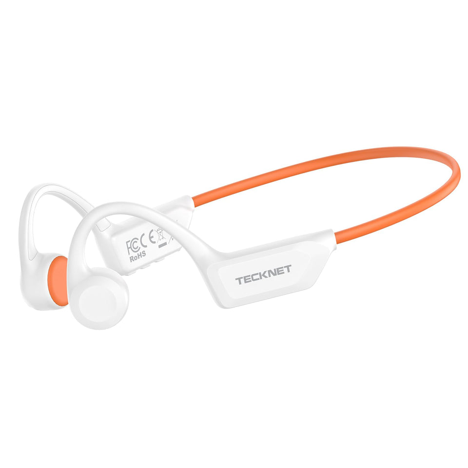 TECKNET front view of white bone conduction headphones showing sleek profile and benefit of open-ear comfort