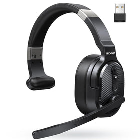 TECKNET front packaging showing headset and USB dongle, highlights reliability