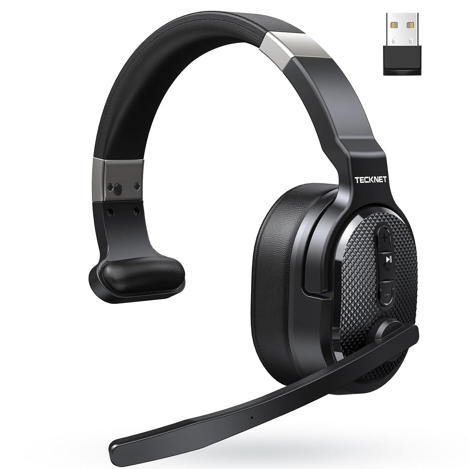 TECKNET front packaging showing headset and USB dongle, highlights reliability
