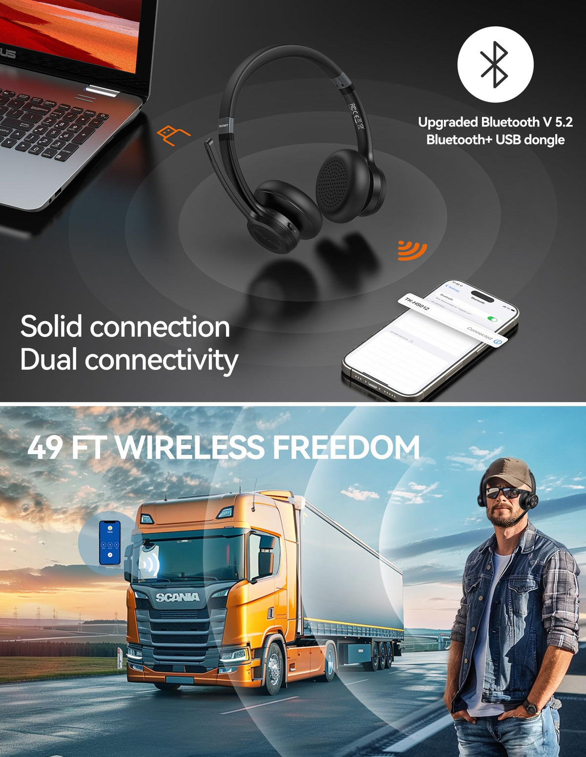 TECKNET headset with Bluetooth 5.2 for fast, stable connections