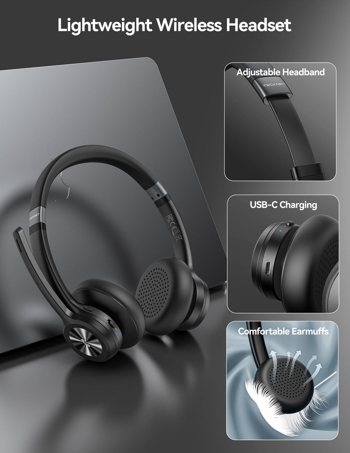 TECKNET padded ear cushion detail for all-day wearing comfort