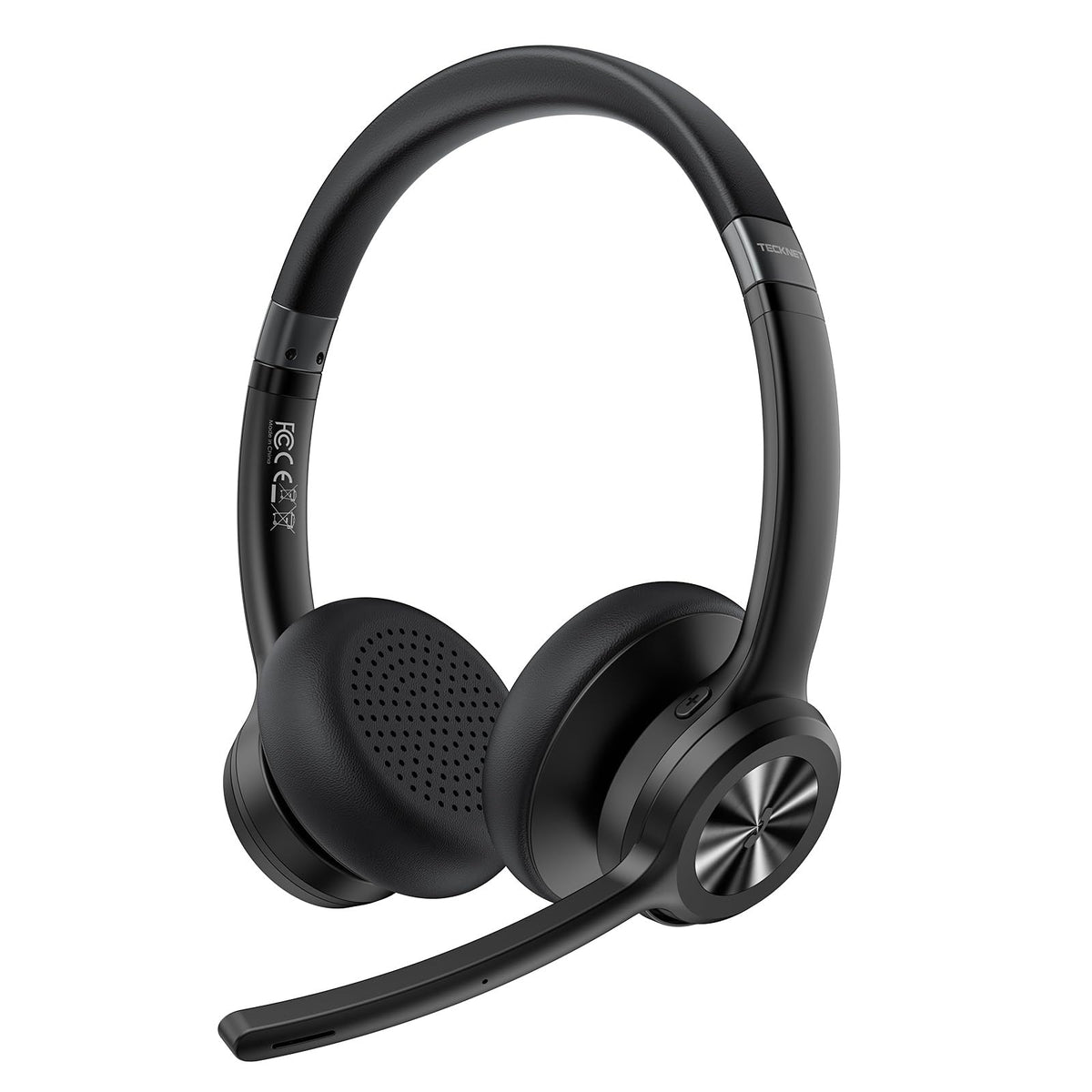 TECKNET headset front view showing on-ear design and long battery life