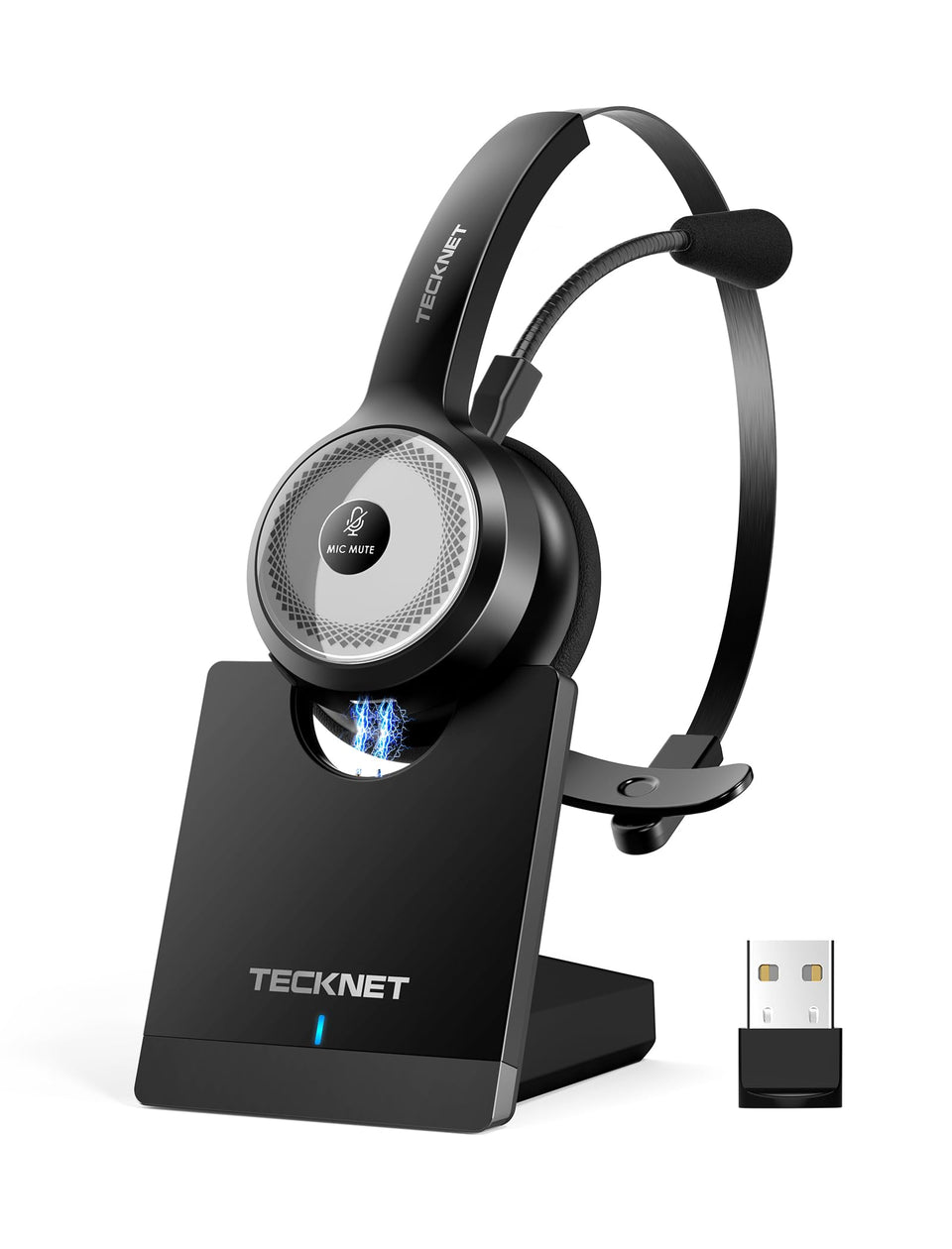 TECKNET headset front view showing earcups and controls for comfortable use