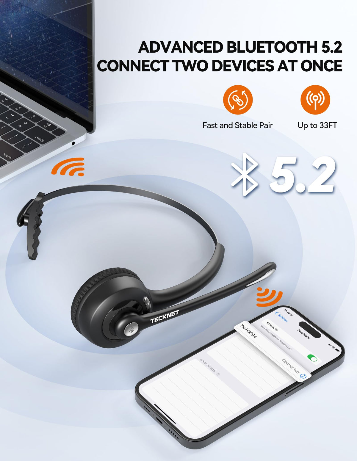 TECKNET headset with long battery life for all‑day calls and meetings.