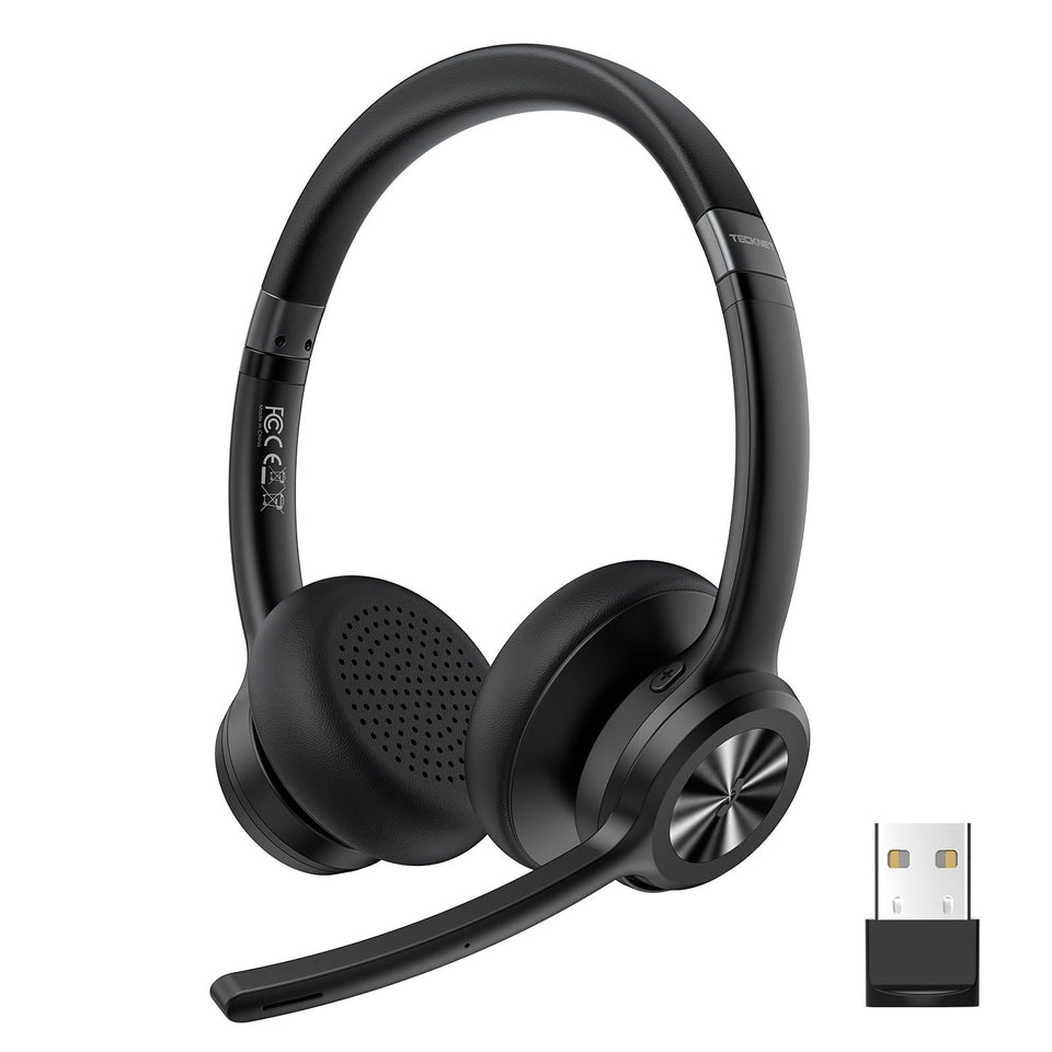 TECKNET wireless headset with USB dongle for clear calls via noise-canceling mic