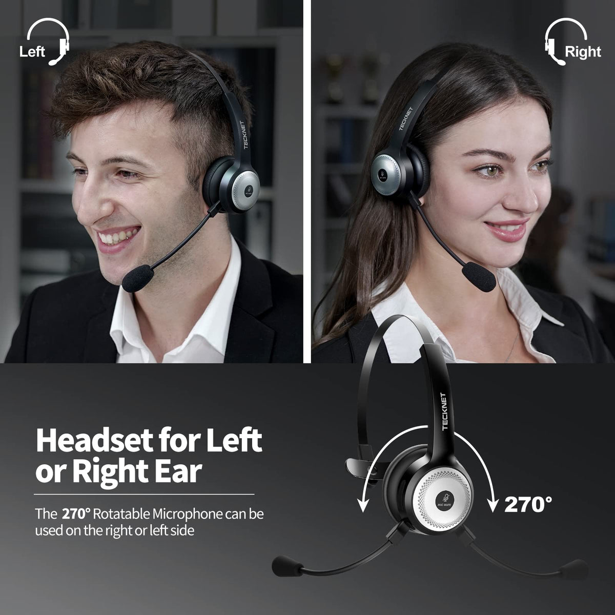 TECKNET headset worn by user at desk improving call clarity during meetings