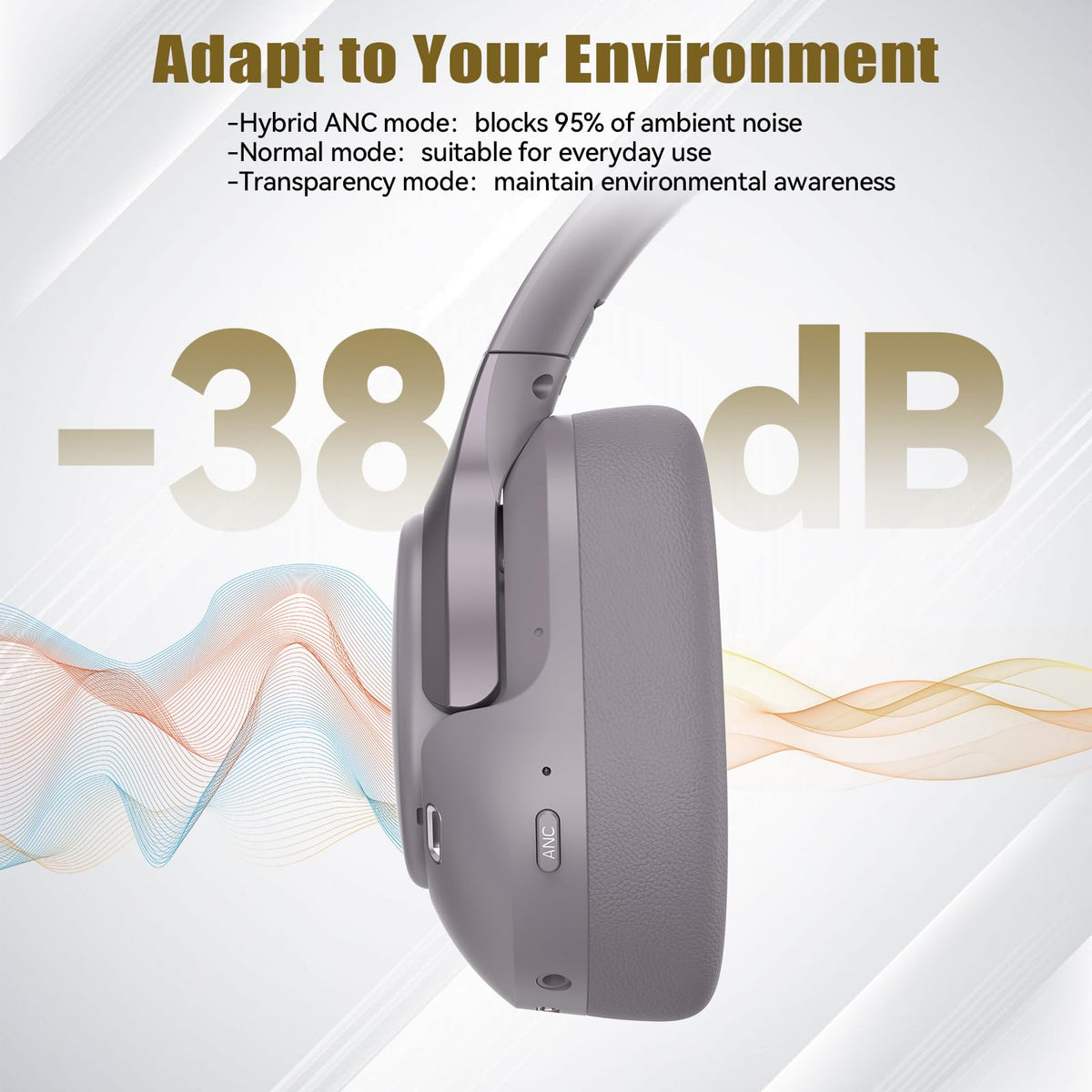 TECKNET hybrid ANC headphones purple-gray with 40mm drivers delivering rich audio.