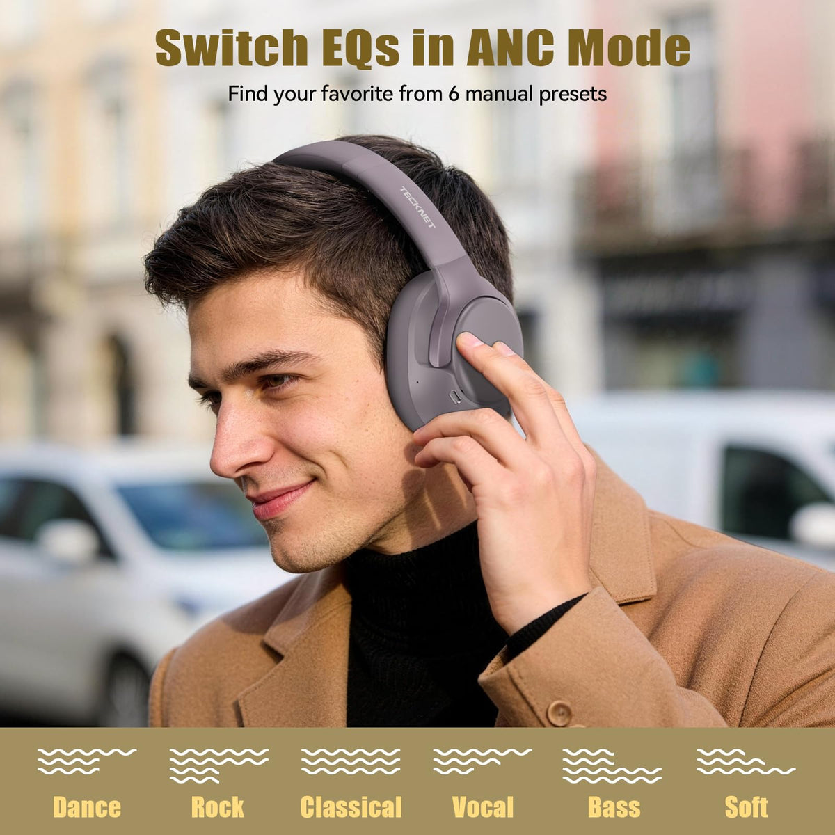 TECKNET hybrid ANC headphones purple-gray battery life graphic for long playback.
